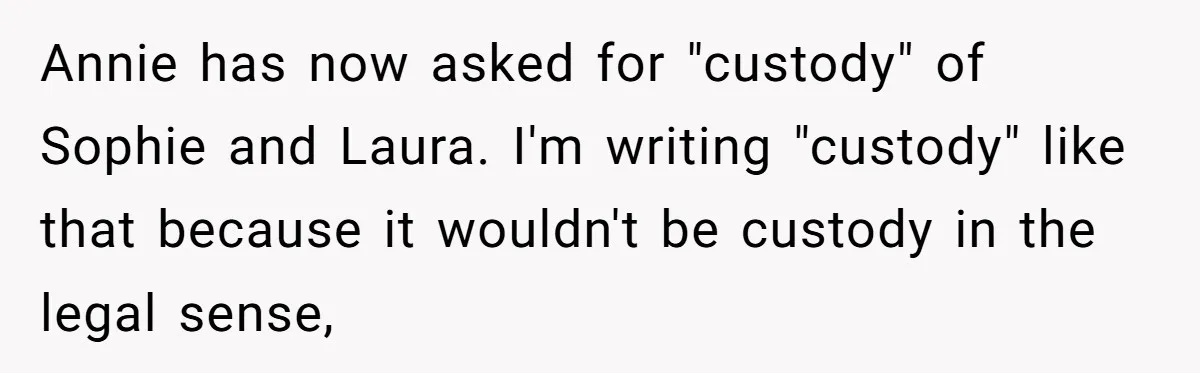 Woman Refuses Sister’s “Custody” Demand After Adopting The Kids She Abandoned Years Ago Annie has now asked for "custody" of Sophie and Laura. I'm writing "custody" like that because it wouldn't be custody in the legal sense,