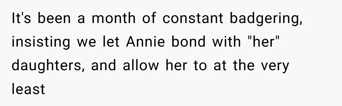Woman Refuses Sister’s “Custody” Demand After Adopting The Kids She Abandoned Years Ago It's been a month of constant badgering, insisting we let Annie bond with "her" daughters, and allow her to at the very least