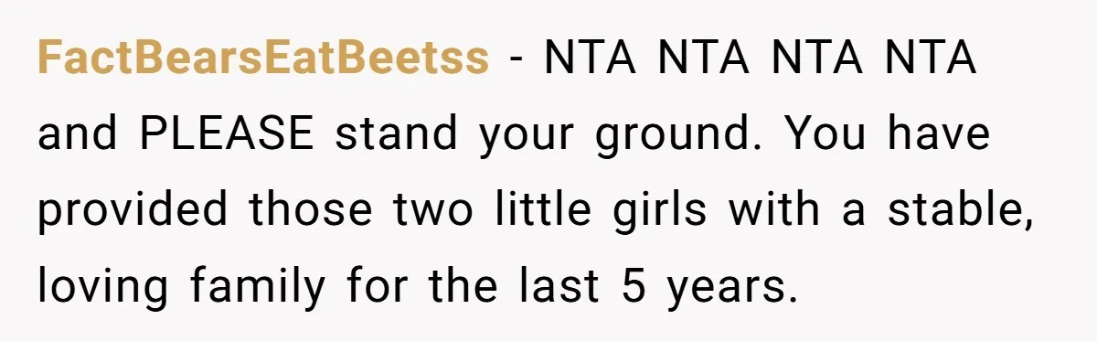 Woman Refuses Sister’s “Custody” Demand After Adopting The Kids She Abandoned Years Ago FactBearsEatBeetss − NTA NTA NTA NTA and PLEASE stand your ground. You have provided those two little girls with a stable, loving family for the last 5 years.