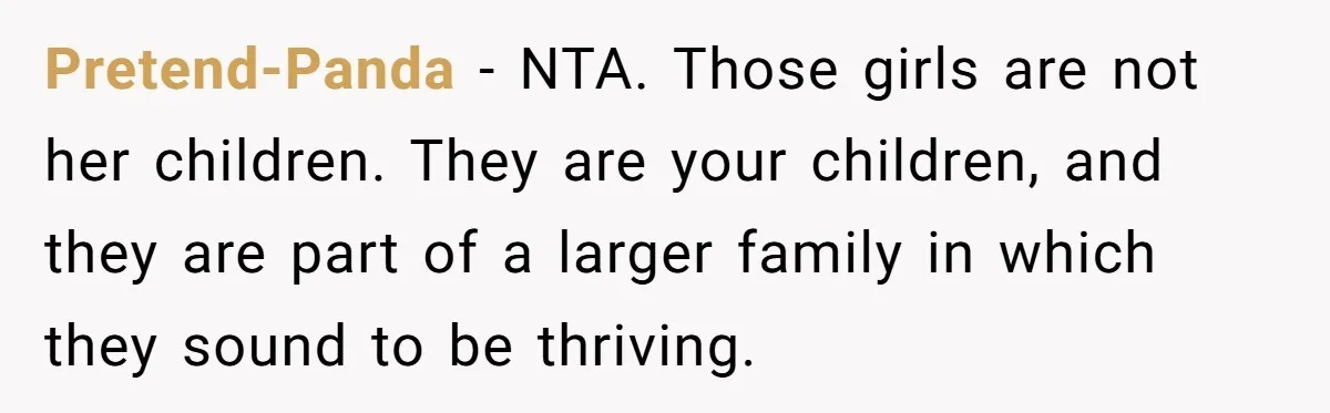 Woman Refuses Sister’s “Custody” Demand After Adopting The Kids She Abandoned Years Ago Pretend-Panda − NTA. Those girls are not her children. They are your children, and they are part of a larger family in which they sound to be thriving.