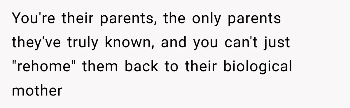 Woman Refuses Sister’s “Custody” Demand After Adopting The Kids She Abandoned Years Ago You're their parents, the only parents they've truly known, and you can't just "rehome" them back to their biological mother