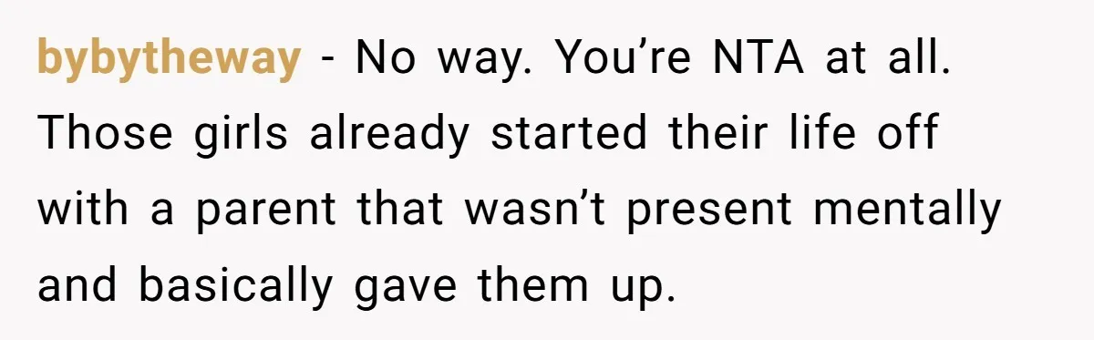 Woman Refuses Sister’s “Custody” Demand After Adopting The Kids She Abandoned Years Ago bybytheway − No way. You’re NTA at all. Those girls already started their life off with a parent that wasn’t present mentally and basically gave them up.