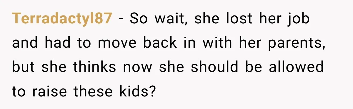 Woman Refuses Sister’s “Custody” Demand After Adopting The Kids She Abandoned Years Ago Terradactyl87 − So wait, she lost her job and had to move back in with her parents, but she thinks now she should be allowed to raise these kids?