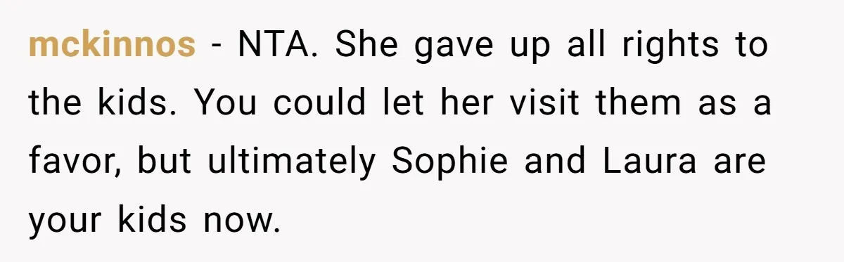 Woman Refuses Sister’s “Custody” Demand After Adopting The Kids She Abandoned Years Ago mckinnos − NTA. She gave up all rights to the kids. You could let her visit them as a favor, but ultimately Sophie and Laura are your kids now.