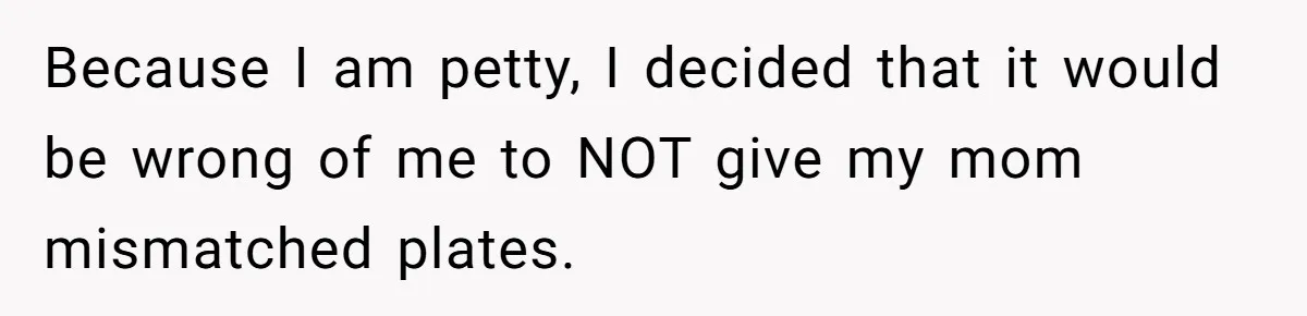 She Secretly Replaced Her Mom’s Plates for 15 Years, and the Final Reveal Is Petty Perfection Because I am petty, I decided that it would be wrong of me to NOT give my mom mismatched plates.