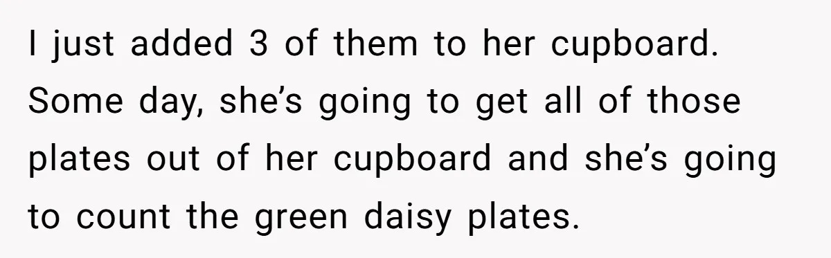 She Secretly Replaced Her Mom’s Plates for 15 Years, and the Final Reveal Is Petty Perfection I just added 3 of them to her cupboard. Some day, she’s going to get all of those plates out of her cupboard and she’s going to count the green...