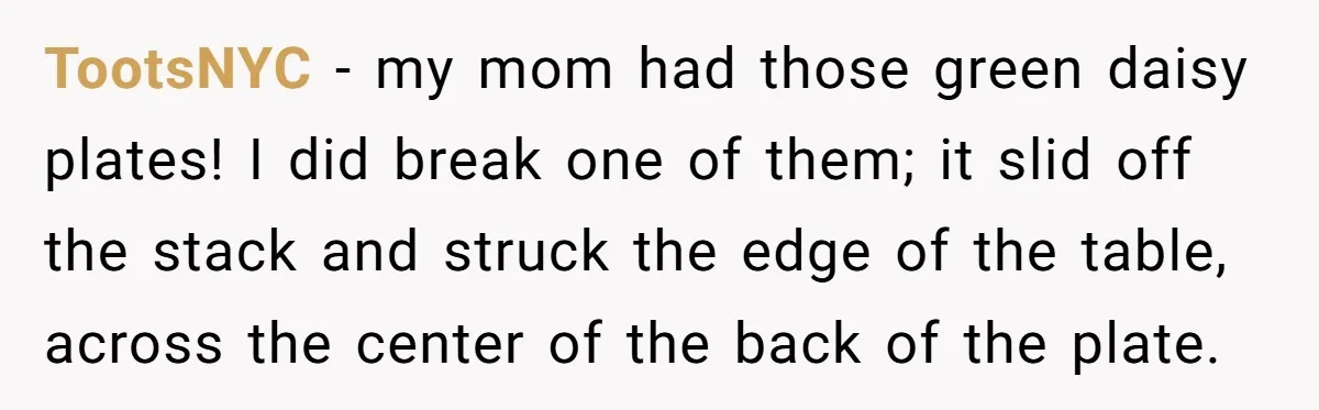 She Secretly Replaced Her Mom’s Plates for 15 Years, and the Final Reveal Is Petty Perfection TootsNYC − my mom had those green daisy plates! I did break one of them; it slid off the stack and struck the edge of the table, across the center...