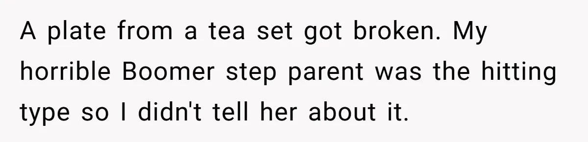 She Secretly Replaced Her Mom’s Plates for 15 Years, and the Final Reveal Is Petty Perfection A plate from a tea set got broken. My horrible Boomer step parent was the hitting type so I didn't tell her about it.