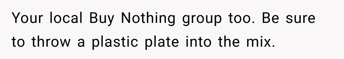 She Secretly Replaced Her Mom’s Plates for 15 Years, and the Final Reveal Is Petty Perfection Your local Buy Nothing group too. Be sure to throw a plastic plate into the mix.