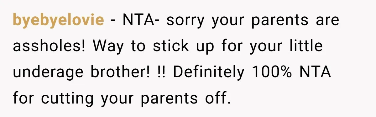 He Cut Off His Elderly Parents Financially After They Kicked Out His Younger Brother byebyelovie − NTA- sorry your parents are assholes! Way to stick up for your little underage brother! !! Definitely 100% NTA for cutting your parents off.