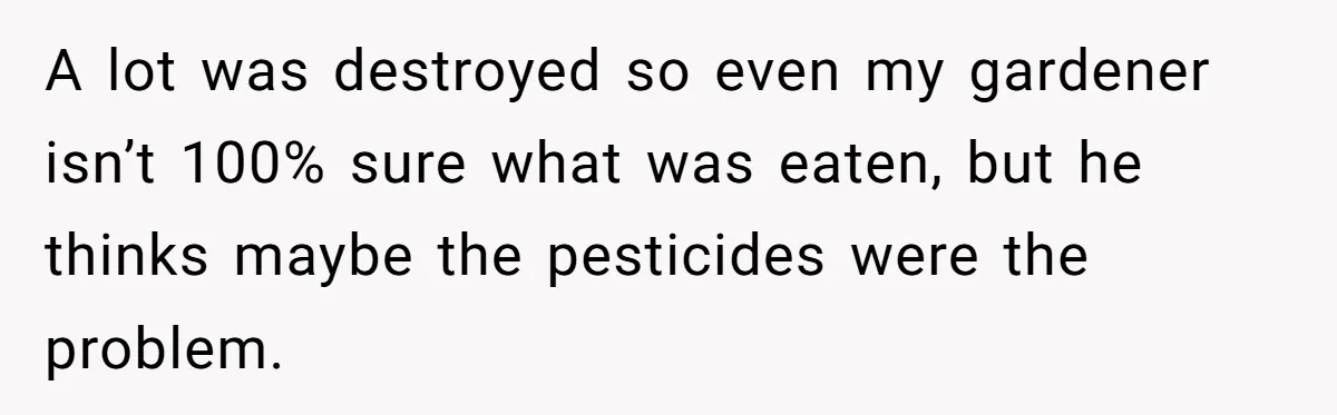 Woman Hosts Party, Friend Dumps Dog In Garden, Then Demands Answers When It Gets Sick A lot was destroyed so even my gardener isn’t 100% sure what was eaten, but he thinks maybe the pesticides were the problem.