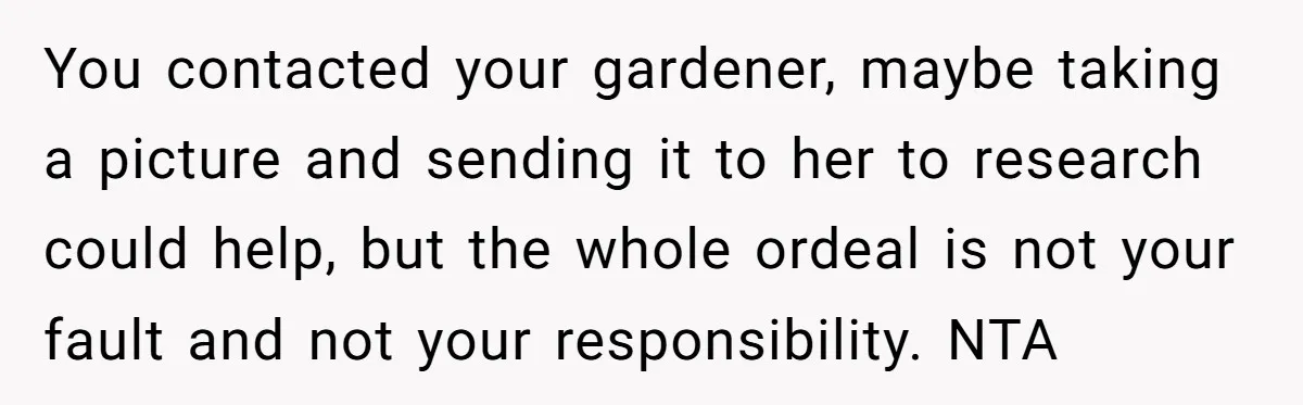 Woman Hosts Party, Friend Dumps Dog In Garden, Then Demands Answers When It Gets Sick You contacted your gardener, maybe taking a picture and sending it to her to research could help, but the whole ordeal is not your fault and not your responsibility. NTA