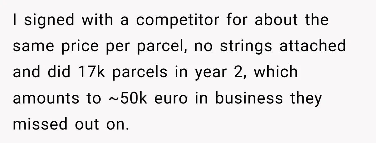 Shipping Company Tried to Squeeze Him - So He Mailed 150 Empty Envelopes I signed with a competitor for about the same price per parcel, no strings attached and did 17k parcels in year 2, which amounts to ~50k euro in business they...