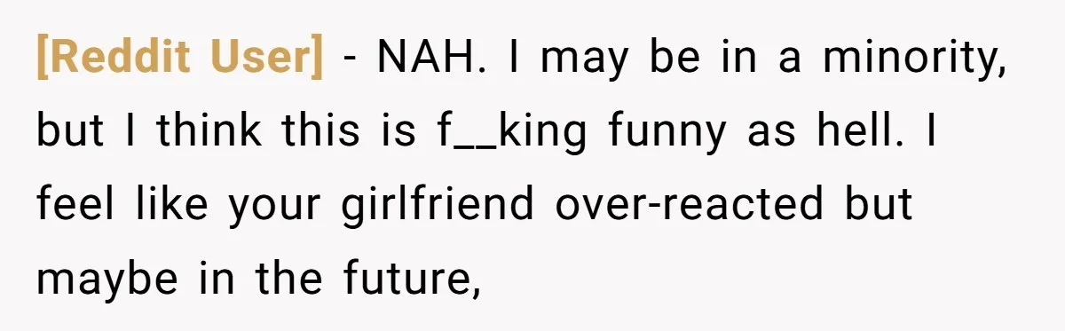 [Reddit User] − NAH. I may be in a minority, but I think this is f__king funny as hell. I feel like your girlfriend over-reacted but maybe in the future,