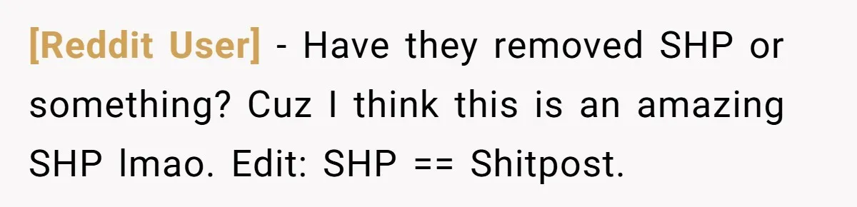 [Reddit User] − Have they removed SHP or something? Cuz I think this is an amazing SHP lmao. Edit: SHP == Shitpost.