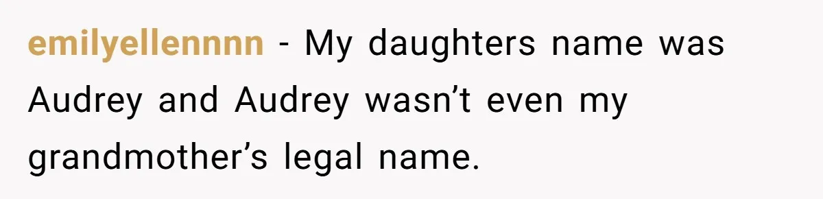 Grieving Mom Sets Boundaries After Cousin Tries to Use Her Deceased Daughter’s Name emilyellennnn − My daughters name was Audrey and Audrey wasn’t even my grandmother’s legal name.