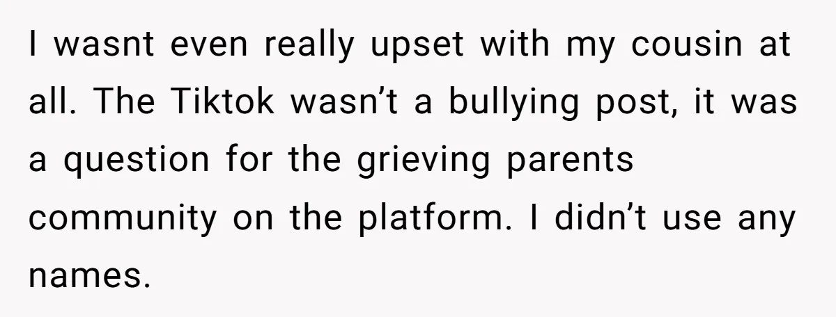 Grieving Mom Sets Boundaries After Cousin Tries to Use Her Deceased Daughter’s Name I wasnt even really upset with my cousin at all. The Tiktok wasn’t a bullying post, it was a question for the grieving parents community on the platform. I didn’t...