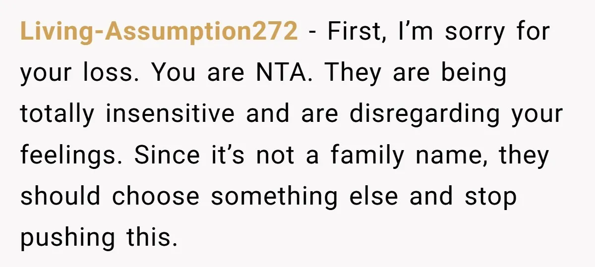 Grieving Mom Sets Boundaries After Cousin Tries to Use Her Deceased Daughter’s Name Living-Assumption272 − First, I’m sorry for your loss. You are NTA. They are being totally insensitive and are disregarding your feelings. Since it’s not a family name, they should choose...