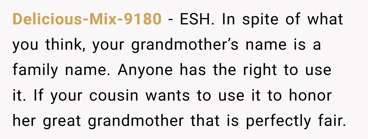 Grieving Mom Sets Boundaries After Cousin Tries to Use Her Deceased Daughter’s Name Delicious-Mix-9180 − ESH. In spite of what you think, your grandmother’s name is a family name. Anyone has the right to use it. If your cousin wants to use it...