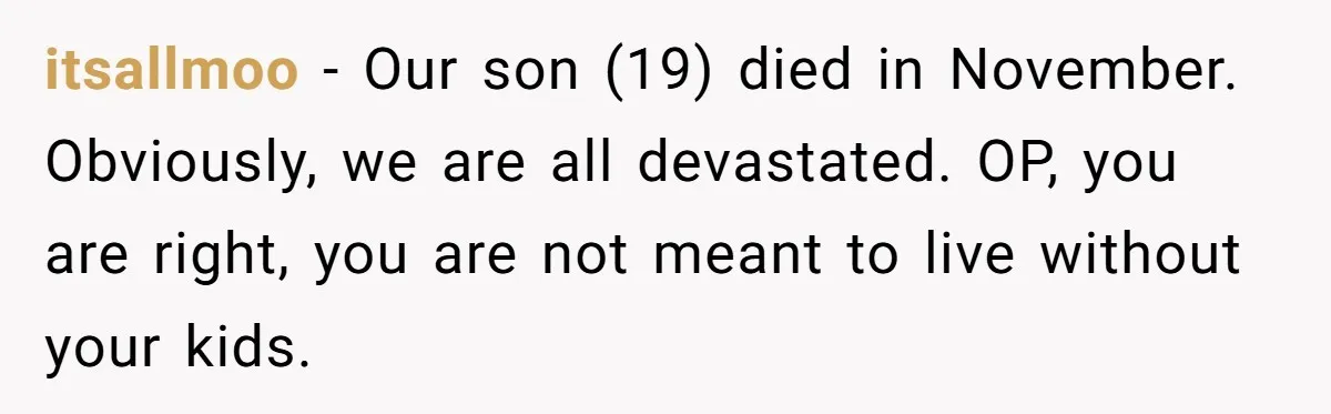 Grieving Mom Sets Boundaries After Cousin Tries to Use Her Deceased Daughter’s Name itsallmoo − Our son (19) died in November. Obviously, we are all devastated. OP, you are right, you are not meant to live without your kids.