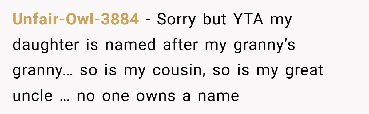 Grieving Mom Sets Boundaries After Cousin Tries to Use Her Deceased Daughter’s Name Unfair-Owl-3884 − Sorry but YTA my daughter is named after my granny’s granny… so is my cousin, so is my great uncle … no one owns a name
