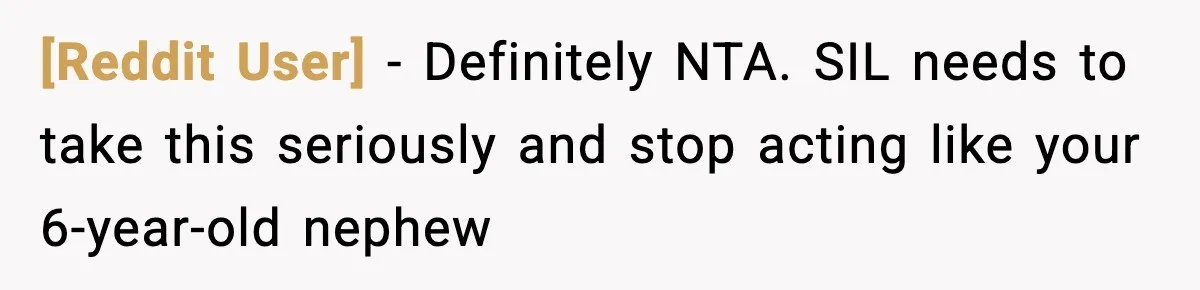 [Reddit User] − Definitely NTA. SIL needs to take this seriously and stop acting like your 6-year-old nephew