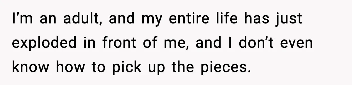 I’m an adult, and my entire life has just exploded in front of me, and I don’t even know how to pick up the pieces.