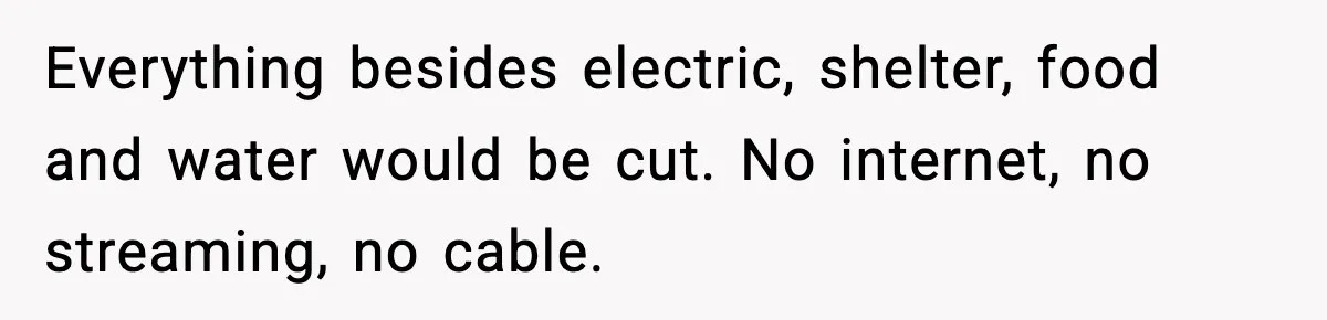 Dad Disowns Stepdaughter After She Chooses Mom’s Affair Partner Over Him, And He Can’t Believe It Everything besides electric, shelter, food and water would be cut. No internet, no streaming, no cable.