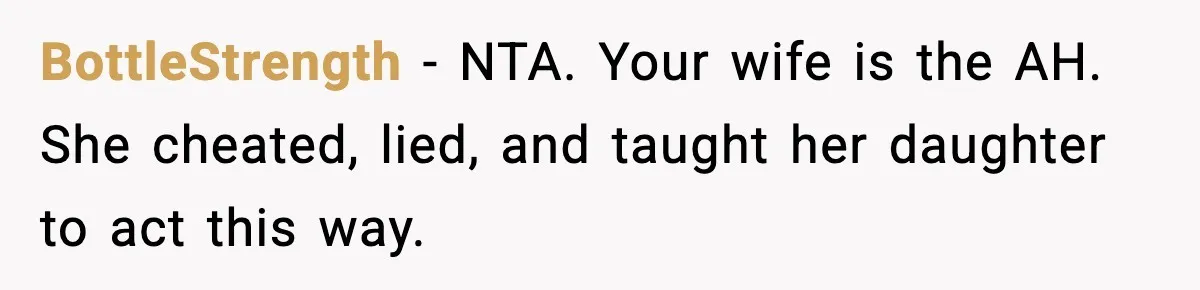 Dad Disowns Stepdaughter After She Chooses Mom’s Affair Partner Over Him, And He Can’t Believe It BottleStrength − NTA. Your wife is the AH. She cheated, lied, and taught her daughter to act this way.