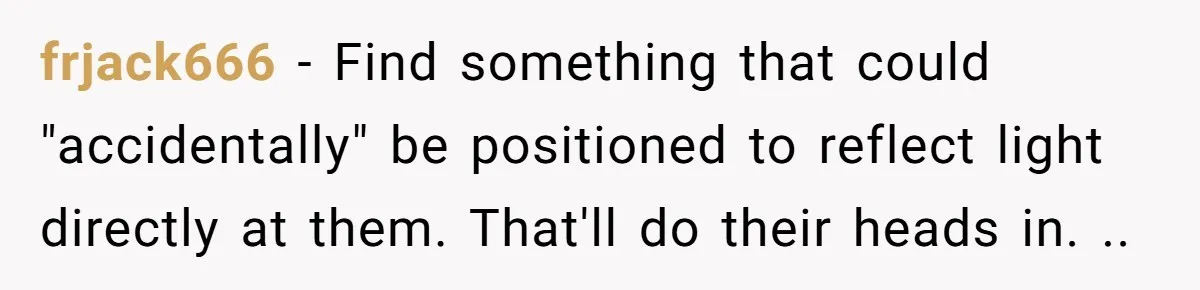 “My Backyard, My Rules”: A Tale of Summer Revenge Against Nosy Neighbors frjack666 − Find something that could "accidentally" be positioned to reflect light directly at them. That'll do their heads in. ..