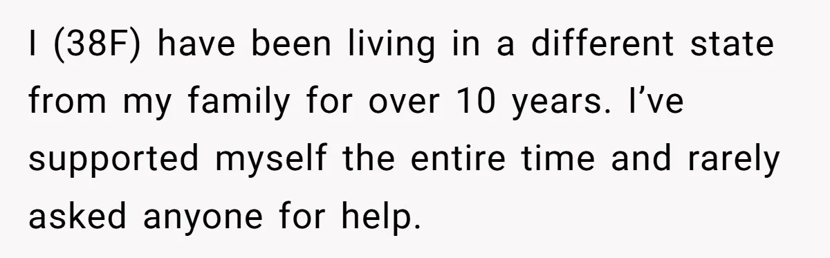 She Refused to Financially Support the Parents Who Never Raised Her I (38F) have been living in a different state from my family for over 10 years. I’ve supported myself the entire time and rarely asked anyone for help.