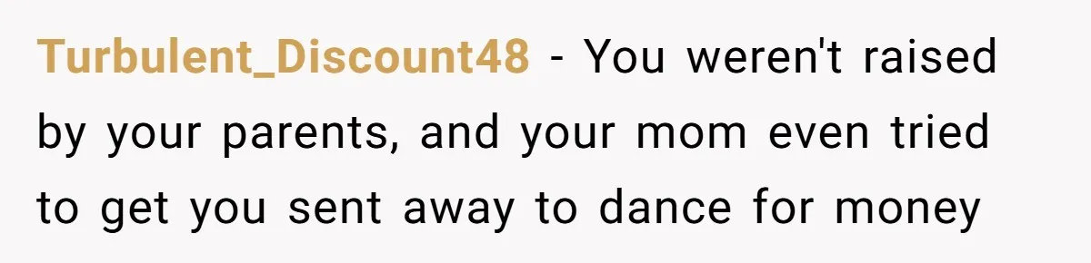 She Refused to Financially Support the Parents Who Never Raised Her Turbulent_Discount48 − You weren't raised by your parents, and your mom even tried to get you sent away to dance for money