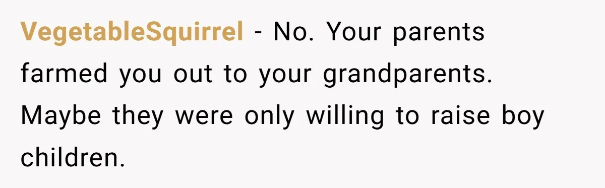 She Refused to Financially Support the Parents Who Never Raised Her VegetableSquirrel − No. Your parents farmed you out to your grandparents. Maybe they were only willing to raise boy children.