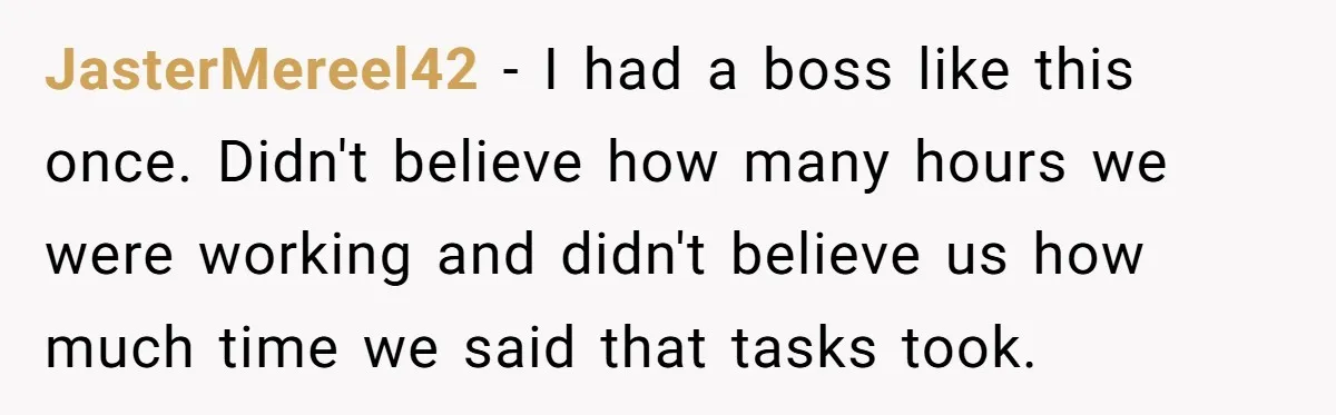 Boss Demands Accurate Time Logging to Catch ‘Dishonesty’ - Employee Complies, Overtime Explodes JasterMereel42 − I had a boss like this once. Didn't believe how many hours we were working and didn't believe us how much time we said that tasks took.