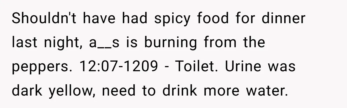 Boss Demands Accurate Time Logging to Catch ‘Dishonesty’ - Employee Complies, Overtime Explodes Shouldn't have had spicy food for dinner last night, a__s is burning from the peppers. 12:07-1209 - Toilet. Urine was dark yellow, need to drink more water.