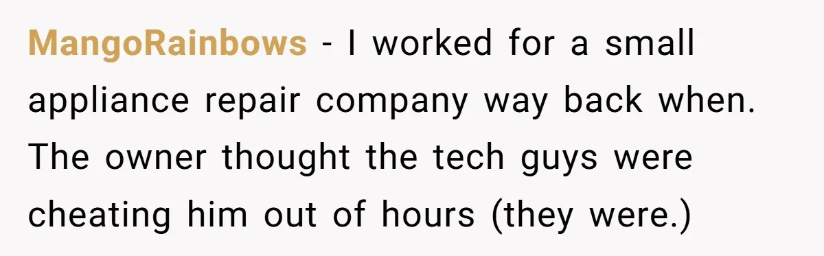 Boss Demands Accurate Time Logging to Catch ‘Dishonesty’ - Employee Complies, Overtime Explodes MangoRainbows − I worked for a small appliance repair company way back when. The owner thought the tech guys were cheating him out of hours (they were.)