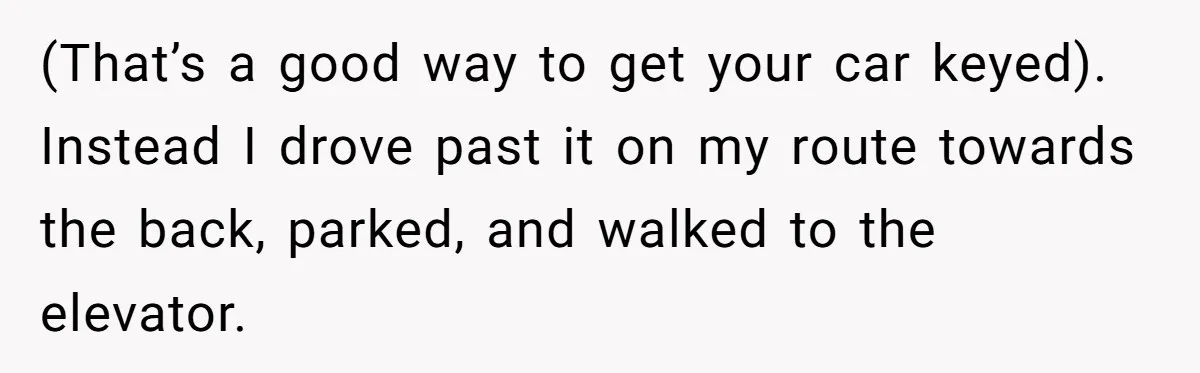 (That’s a good way to get your car keyed). Instead I drove past it on my route towards the back, parked, and walked to the elevator.