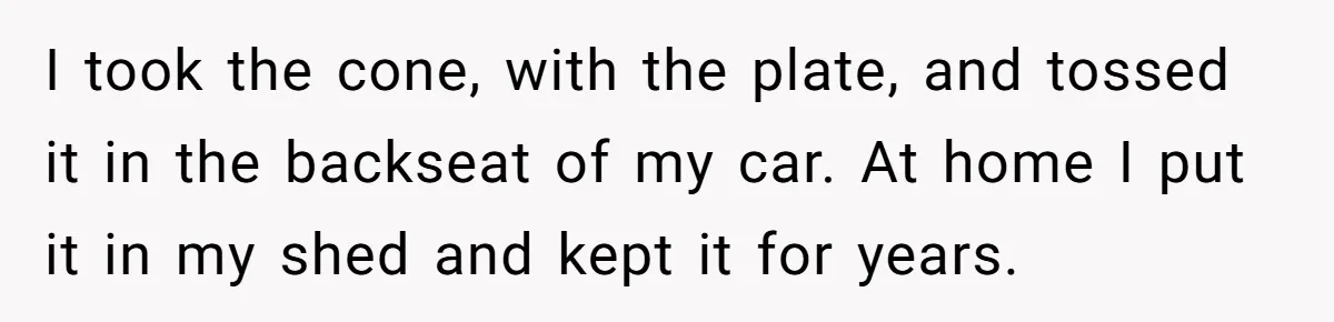 I took the cone, with the plate, and tossed it in the backseat of my car. At home I put it in my shed and kept it for years.