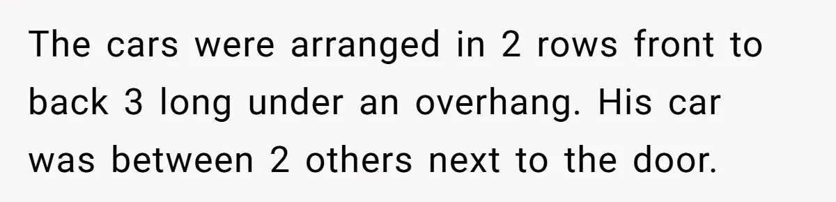 The cars were arranged in 2 rows front to back 3 long under an overhang. His car was between 2 others next to the door.