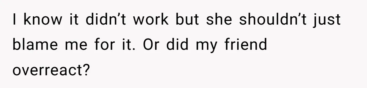 I know it didn’t work but she shouldn’t just blame me for it. Or did my friend overreact?