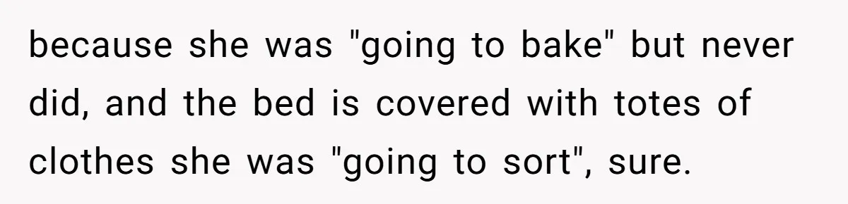 because she was "going to bake" but never did, and the bed is covered with totes of clothes she was "going to sort", sure.