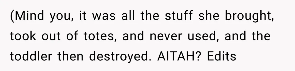 (Mind you, it was all the stuff she brought, took out of totes, and never used, and the toddler then destroyed. AITAH? Edits