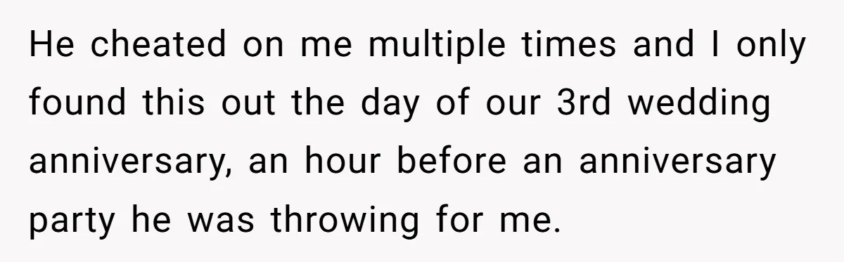 Ex-MIL Demands She Take In Her Ex’s Unwanted Child - She Fires Back He cheated on me multiple times and I only found this out the day of our 3rd wedding anniversary, an hour before an anniversary party he was throwing for me.