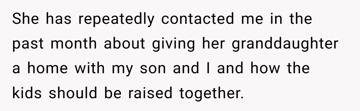 Ex-MIL Demands She Take In Her Ex’s Unwanted Child - She Fires Back She has repeatedly contacted me in the past month about giving her granddaughter a home with my son and I and how the kids should be raised together.