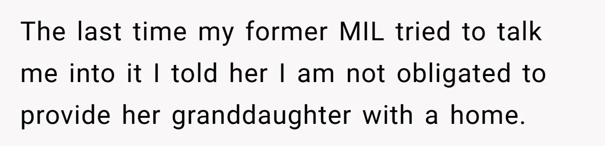 Ex-MIL Demands She Take In Her Ex’s Unwanted Child - She Fires Back The last time my former MIL tried to talk me into it I told her I am not obligated to provide her granddaughter with a home.