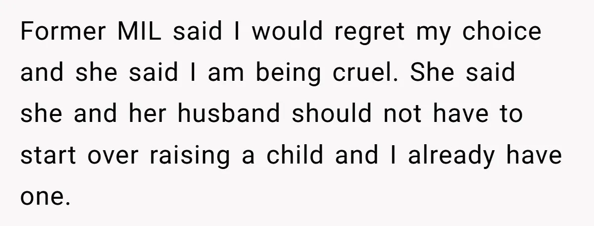 Ex-MIL Demands She Take In Her Ex’s Unwanted Child - She Fires Back Former MIL said I would regret my choice and she said I am being cruel. She said she and her husband should not have to start over raising a child...