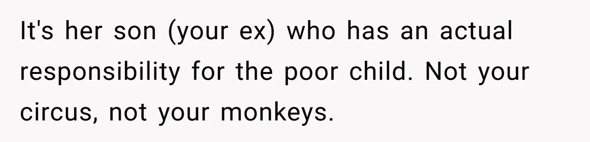 Ex-MIL Demands She Take In Her Ex’s Unwanted Child - She Fires Back It's her son (your ex) who has an actual responsibility for the poor child. Not your circus, not your monkeys.