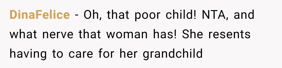 Ex-MIL Demands She Take In Her Ex’s Unwanted Child - She Fires Back DinaFelice − Oh, that poor child! NTA, and what nerve that woman has! She resents having to care for her grandchild