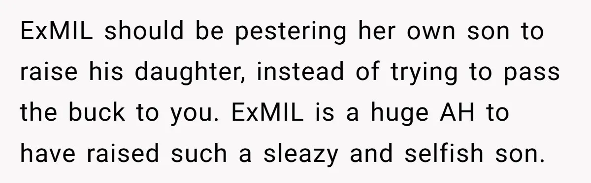 Ex-MIL Demands She Take In Her Ex’s Unwanted Child - She Fires Back ExMIL should be pestering her own son to raise his daughter, instead of trying to pass the buck to you. ExMIL is a huge AH to have raised such a...