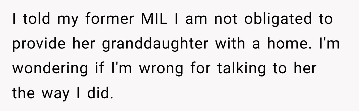 Ex-MIL Demands She Take In Her Ex’s Unwanted Child - She Fires Back I told my former MIL I am not obligated to provide her granddaughter with a home. I'm wondering if I'm wrong for talking to her the way I did.